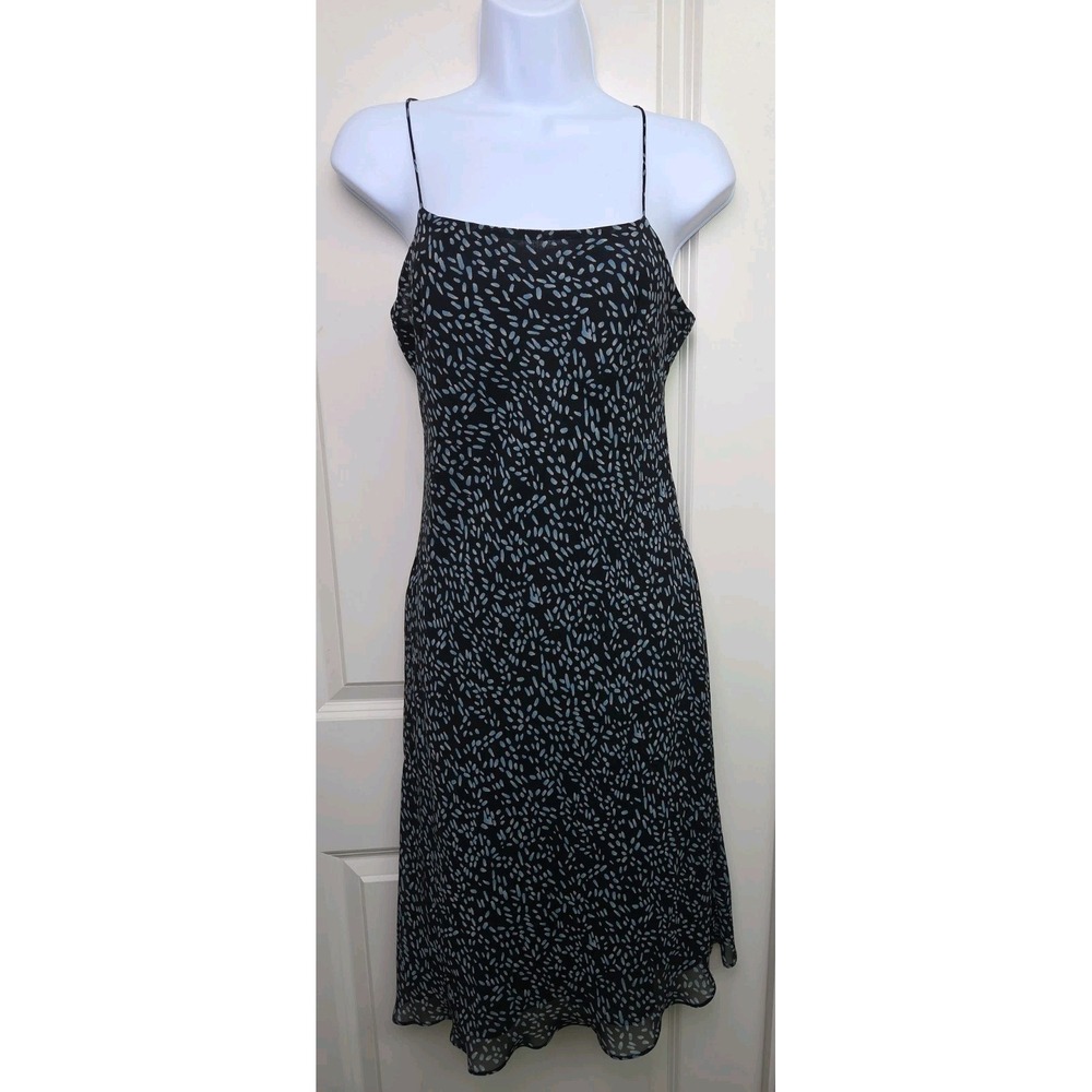 Ann Taylor Y2K Vintage 100% Silk Floral Slip Dress Size 2 Black Geometric Bias